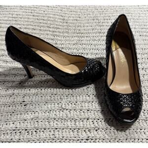 Cole Haan Genevieve Heels Woven Open Toe Patent Leather Pumps 8.5 B Black D25685